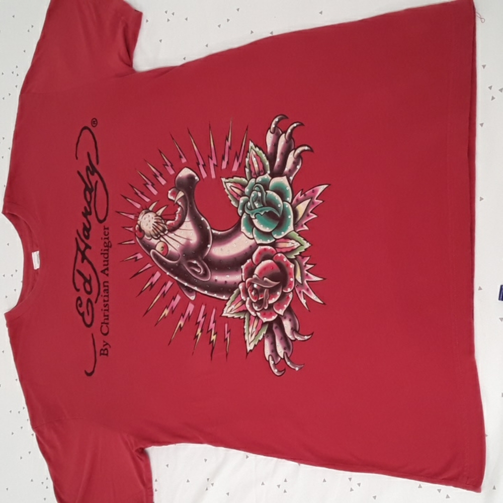 Ed Hardy Mens Rhinestone Panther Y2K Throwback New School Roses Red Tshirt SZ L